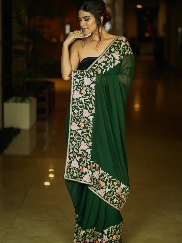 Bottle Green Saree with Pastel Chinar Border Embroidery