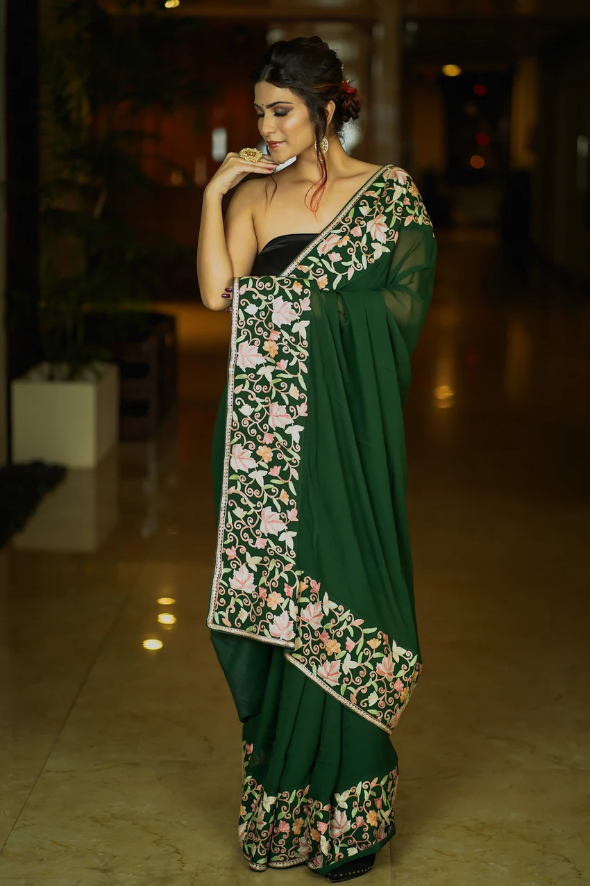 Bottle Green Saree with Pastel Chinar Border Embroidery