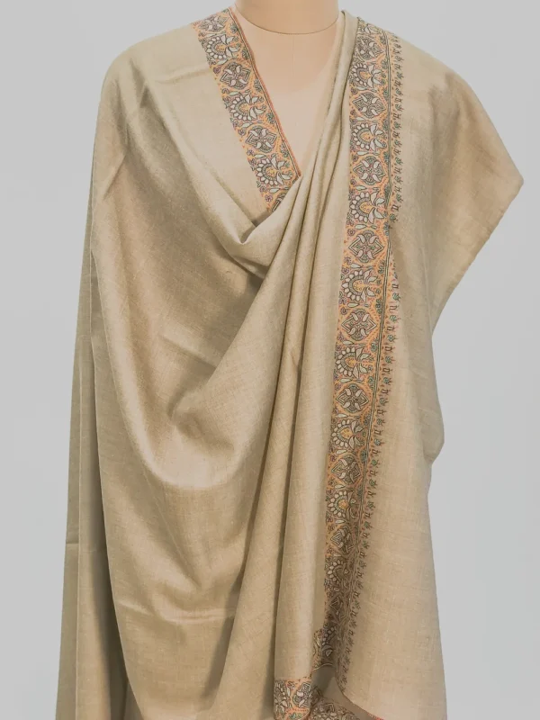 Stone House Beige Pure Pashmina Shawl With Sozni Hand Embroidery Front