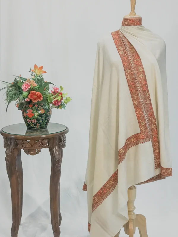 Ivory Cream Pure Pashmina Shawl With Sozni Hand Embroidery