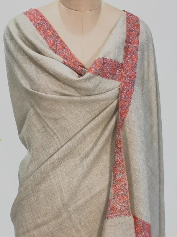 Gray Pure Pashmina Shawl With Sozni Hand Embroidery Front