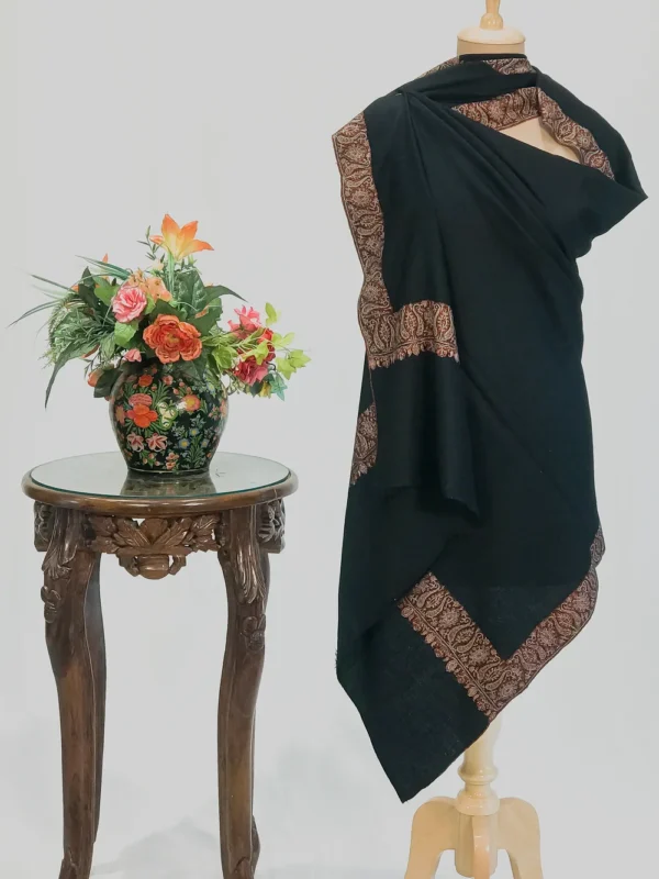 Deep Black Pure Pashmina Shawl With Sozni Hand Embroidery