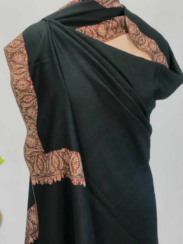 Deep Black Pure Pashmina Shawl With Sozni Hand Embroidery Front