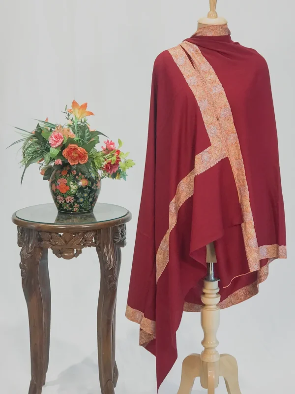 Carmine Maroon Pure Pashmina Shawl With Sozni Hand Embroidery