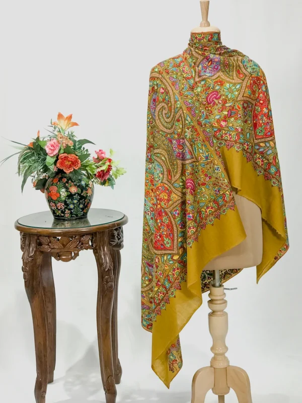 Medallion Yellow Pure Pashmina Shawl With Papier Mache Jama Hand Embroidery