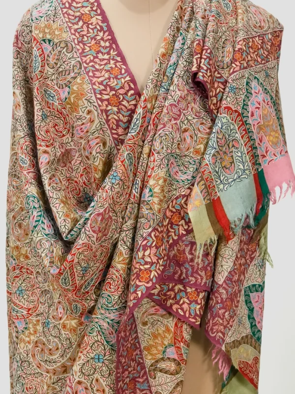 Peach Pure Pashmina Shawl with Multi-Color Kalamkari Hand Painted Embroidery Front