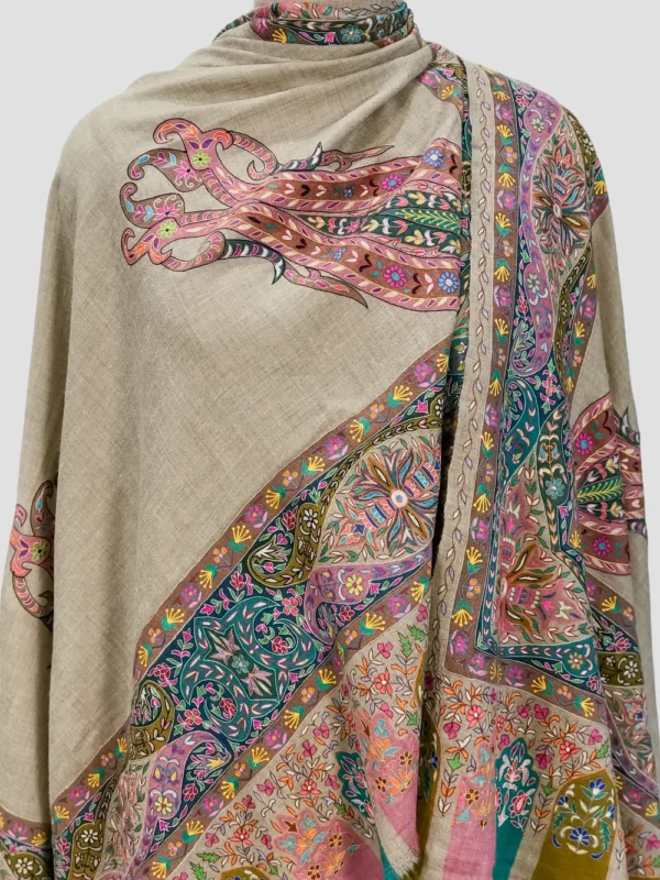 Natural Pure Pashmina Shawl with Multi-Color Kalamkari Hand Painted Embroidery Front