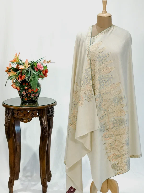 Milky Cream Pure Pashmina Shawl With Sozni Hand Embroidery