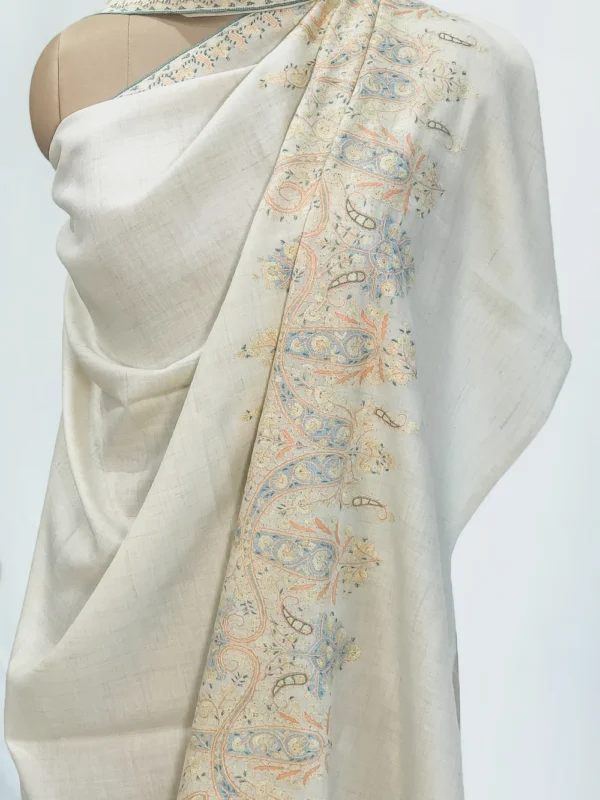 Milky Cream Pure Pashmina Shawl With Sozni Hand Embroidery Front