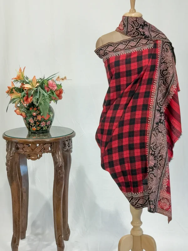 Red Checked Pure Pashmina Shawl With Sozni Hand Embroidery