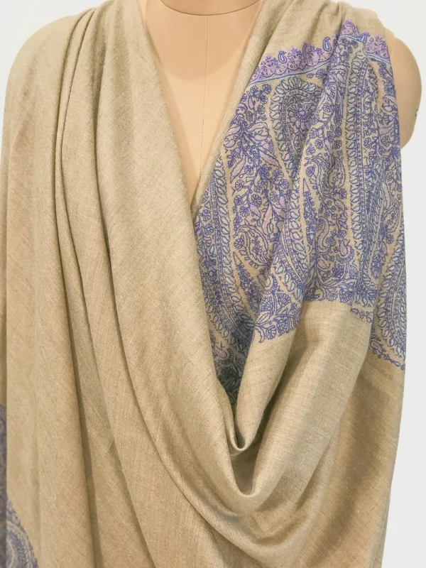 Light Natural Pure Pashmina Shawl With Sozni Hand Embroidery Front