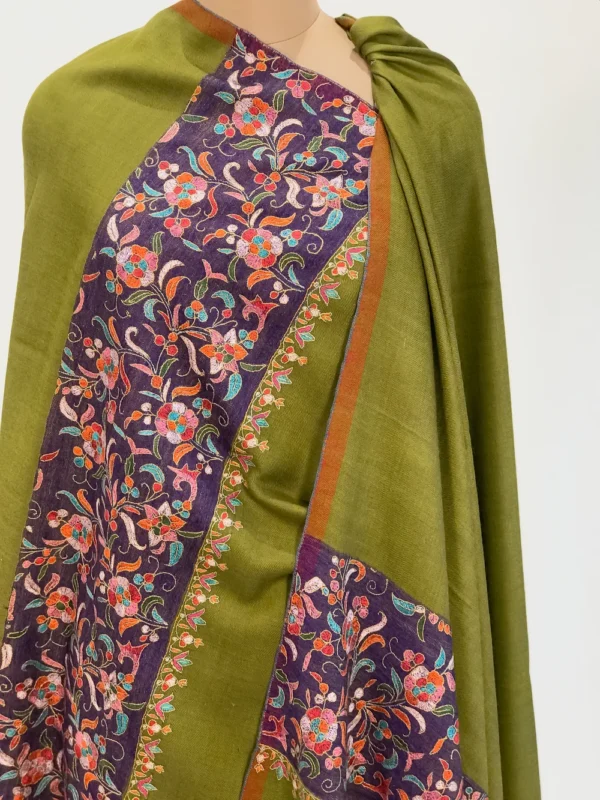 Olive Green Reversible Pure Pashmina Shawl With Papier Mache Palla Design Front