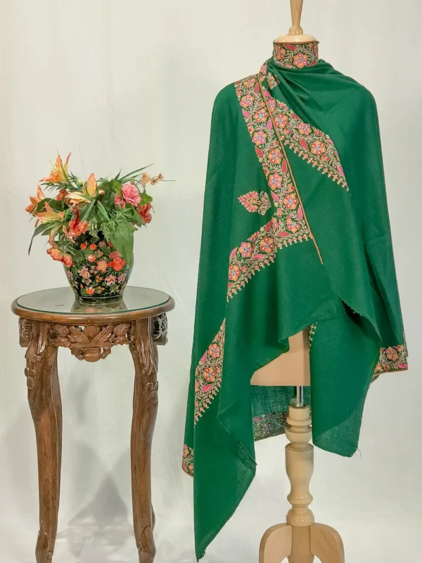 Green Pure Pashmina Shawl With Papier Mache Border Design