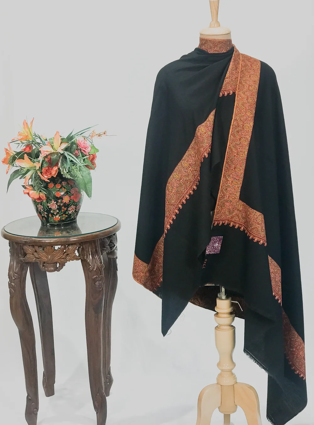 Black Pure Pashmina Shawl With Sozni Hand Embroidery