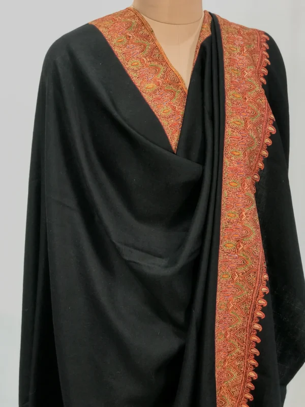 Black Pure Pashmina Shawl With Sozni Hand Embroidery Front