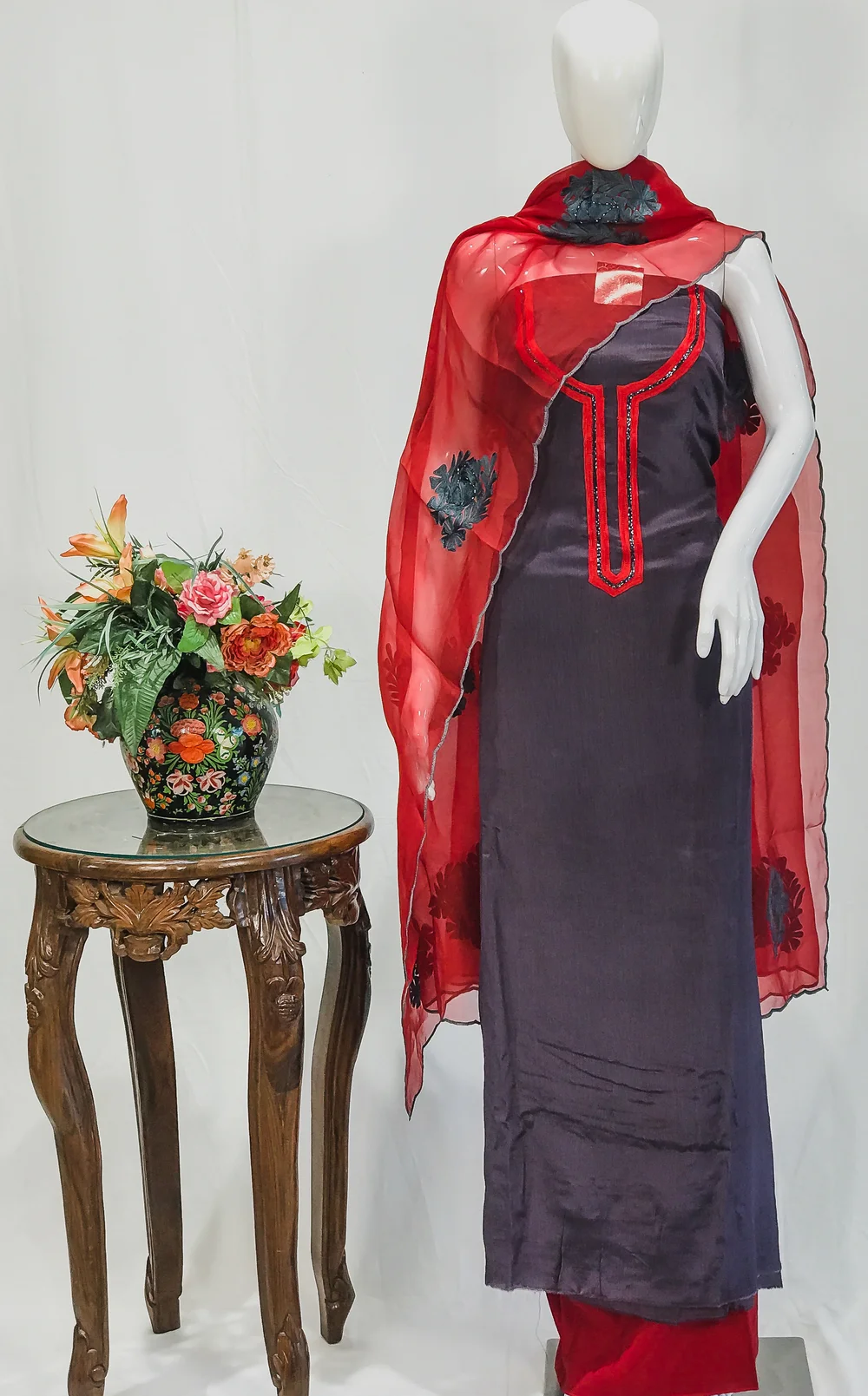Dove Grey Chinon Upper And Red Crepe Bottom Salwar Suit with Aari Work Kardana Highlihtings and Organza Dupatta