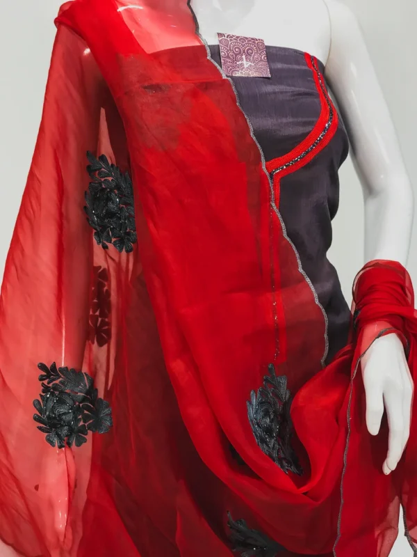 Dove Grey Chinon Upper And Red Crepe Bottom Salwar Suit with Aari Work Kardana Highlihtings and Organza Dupatta Front