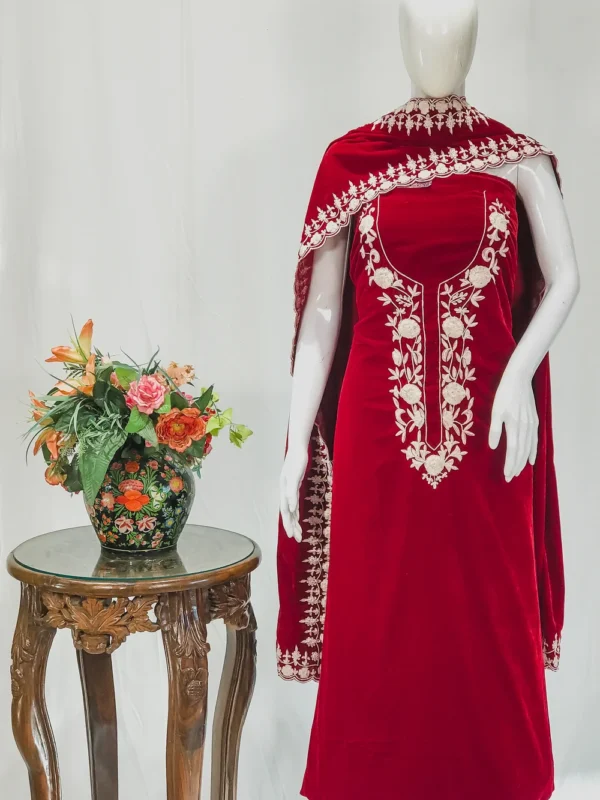 Red Velvet Salwar Suit with Thread Work and Velvet Dupatta