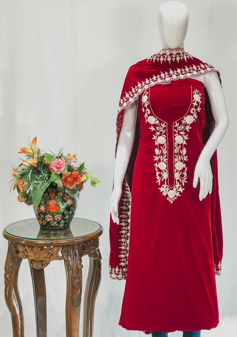 Red Velvet Salwar Suit with Thread Work and Velvet Dupatta