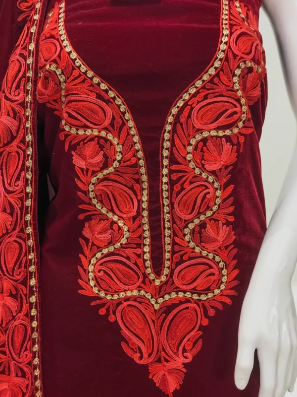 Maroon Velvet Salwar Suit with Aari And Tilla Work and Velvet Dupatta Front