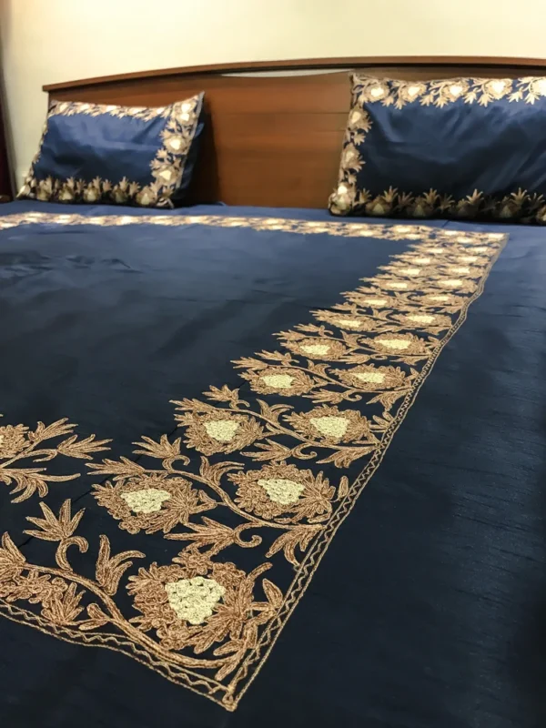 Raw Silk Bed Cover with Floral Vine Embroidery