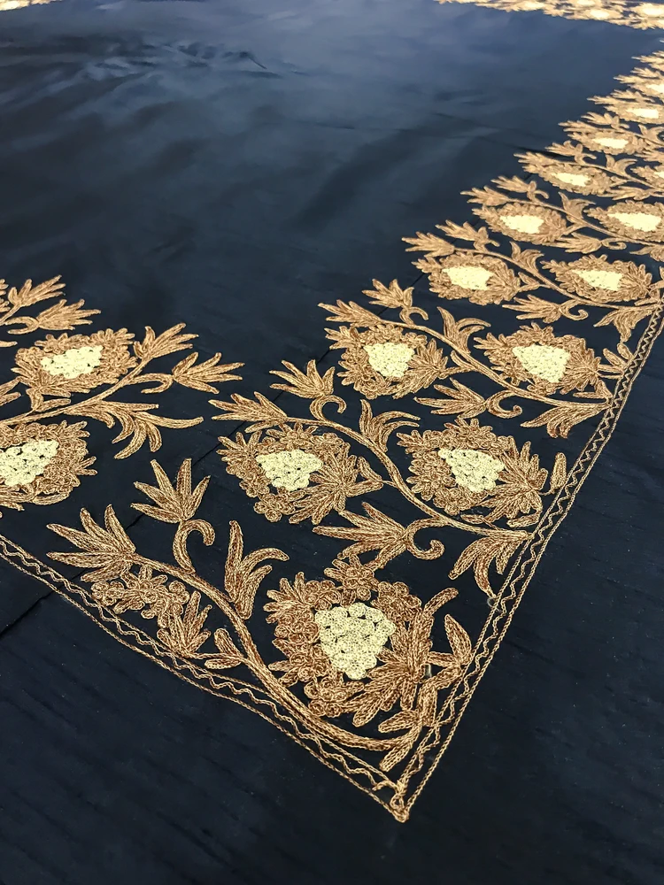 Raw Silk Bed Cover with Floral Vine Embroidery close up