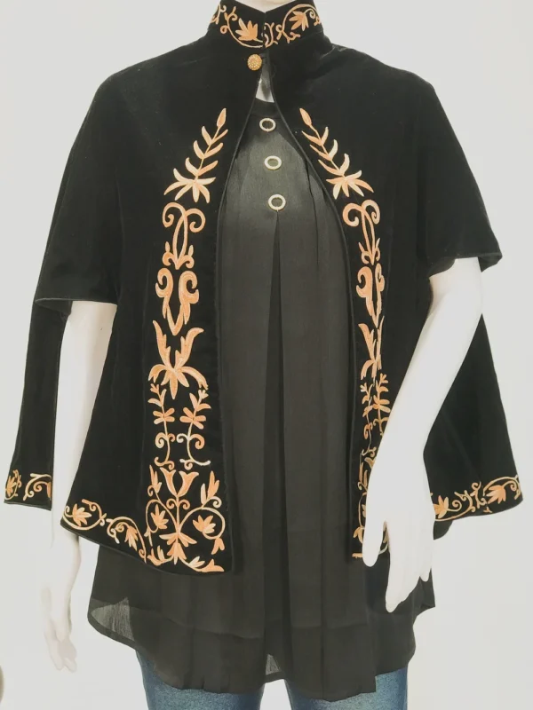 Black Velvet Cape Poncho with Floral Embroidery Front