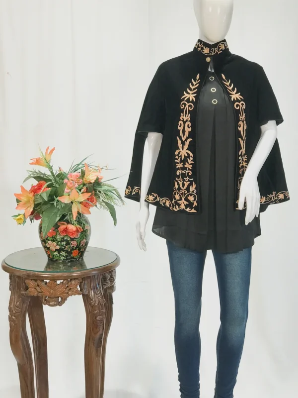 Black Velvet Cape Poncho with Floral Embroidery