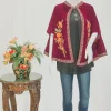 Maroon Velvet Cape Poncho with Floral Embroidery