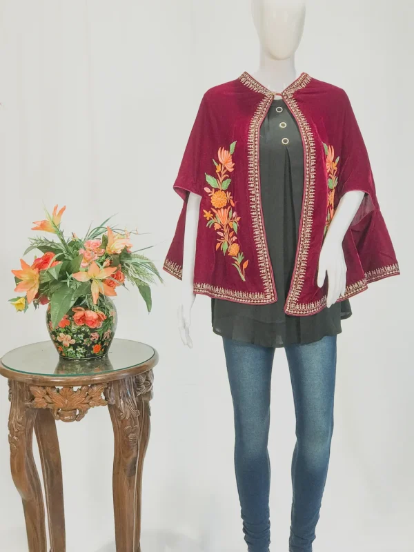 Maroon Velvet Cape Poncho with Floral Embroidery