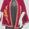 Maroon Velvet Cape Poncho with Floral Embroidery Front