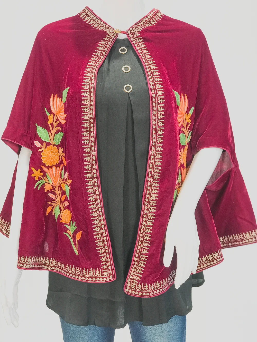 Maroon Velvet Cape Poncho with Floral Embroidery Front