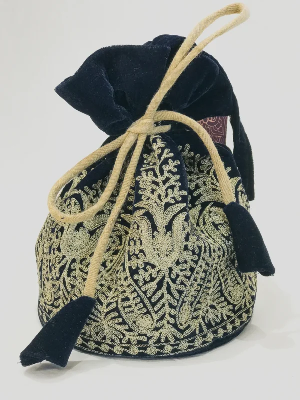 Velvet Zari Jaal Embroidered Blue Potli Bag: Small Paisley Design Front