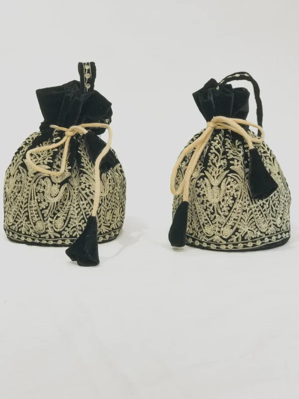 Velvet Zari Jaal Embroidered Black Potli Bag: Small Paisley Design