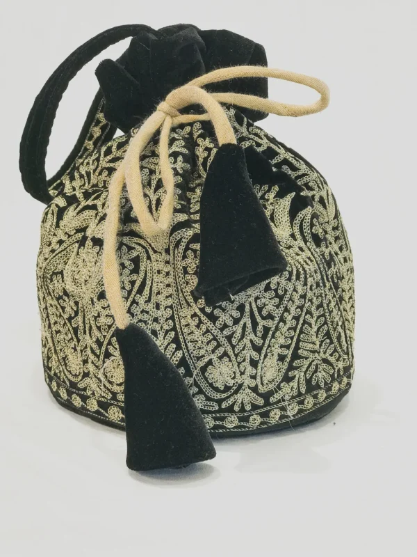 Velvet Zari Jaal Embroidered Black Potli Bag: Small Paisley Design Front