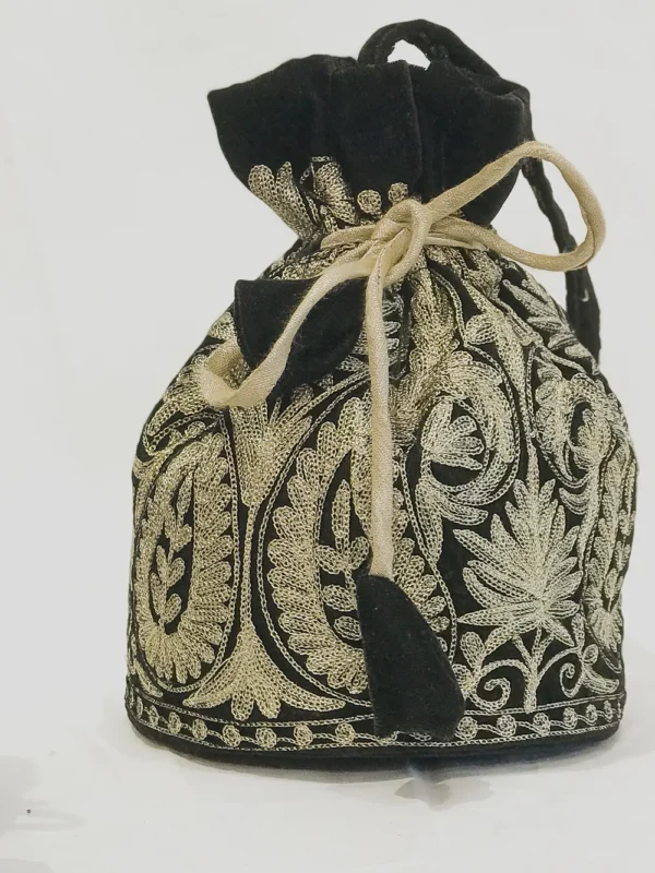 Velvet Zari Jaal Embroidered Black Potli Bag: Big Paisley Design F