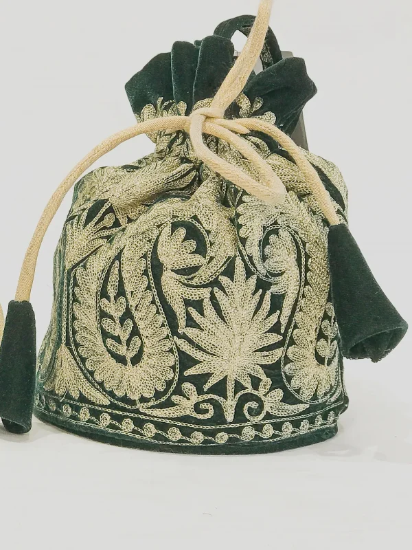 Velvet Zari Jaal Embroidered Green Potli Bag: Big Paisley Design