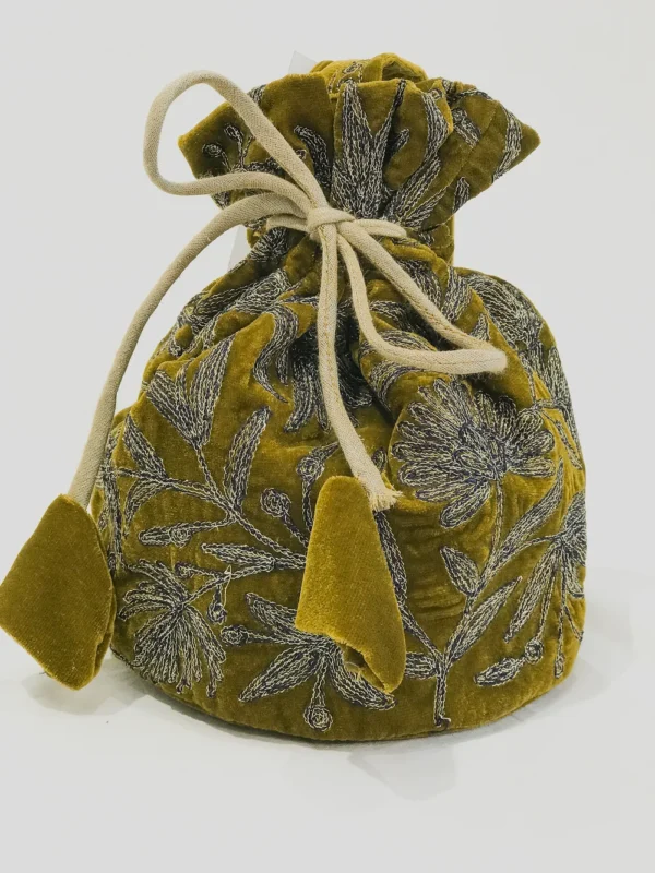 Velvet Thread and Aari Jaal Embroidered Olive Green Potli Bag: Floral Design