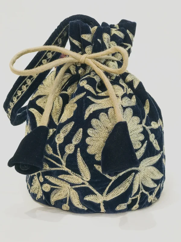 Velvet Zari Jaal Embroidered Blue Potli Bag: Floral Design