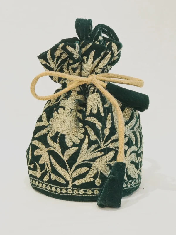 Velvet Zari Jaal Embroidered Green Potli Bag: Floral Design