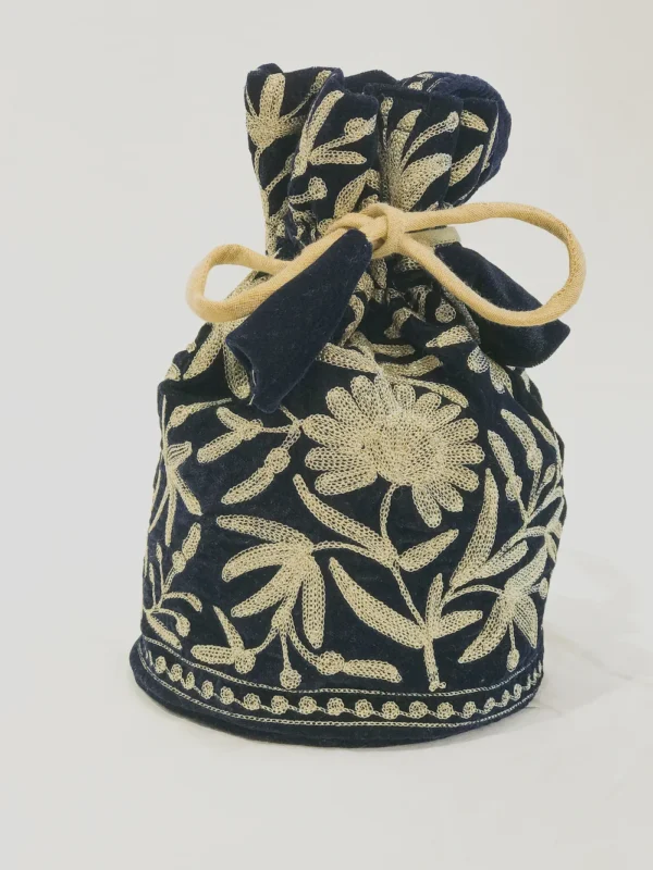 Velvet Zari Jaal Embroidered Blue Potli Bag: Floral Design