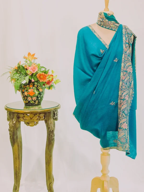 Aqua Green Pure Pashmina Shawl With Sozni Hand Embroidery