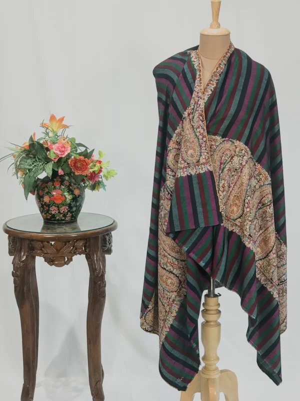 Black Striped Pure Pashmina Shawl With Sozni Hand Embroidery