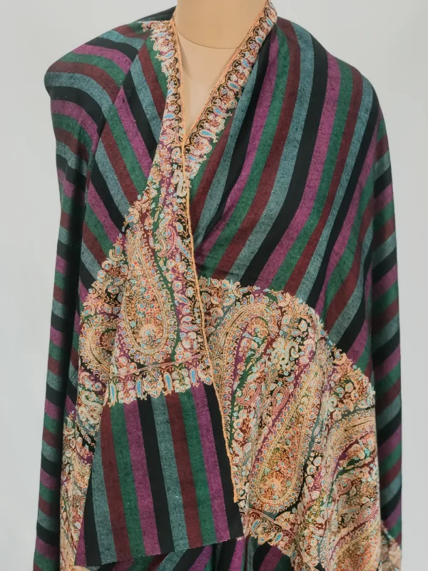 Black Striped Pure Pashmina Shawl With Sozni Hand Embroidery Front