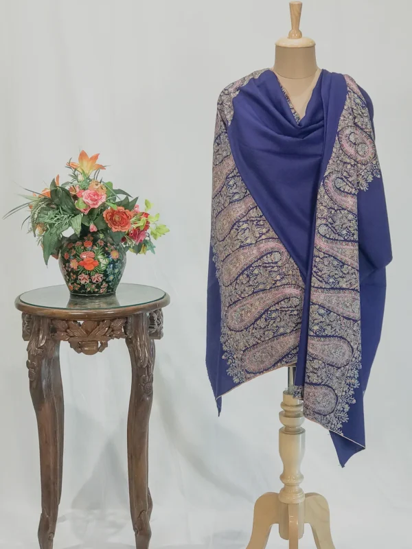 Navy Blue Pure Pashmina Shawl With Sozni Hand Embroidery