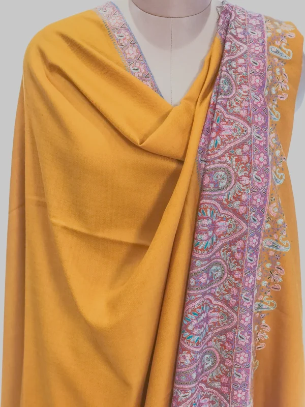 Yellow Pure Pashmina Shawl With Sozni Hand Embroidery Front