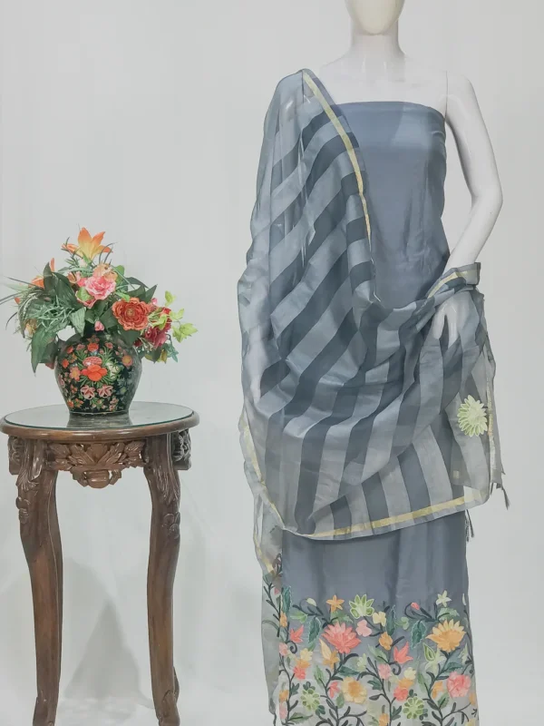 Grey Ombre Maheshwary Chinderi Salwar Suit with Aari Work Maheshwary Chinderi Dupatta
