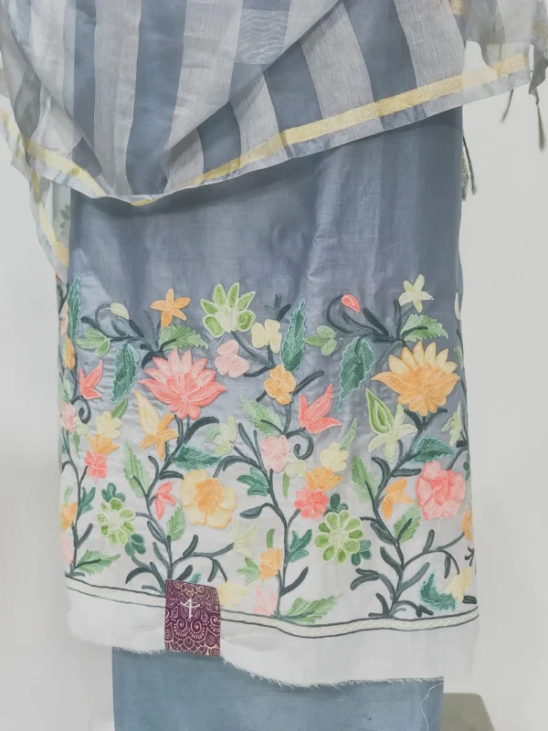 Grey Ombre Maheshwary Chinderi Salwar Suit with Aari Work Maheshwary Chinderi Dupatta Front