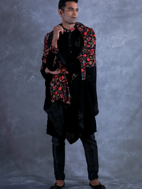 Black Velvet Kurta Pyjama with Mens Cape Front