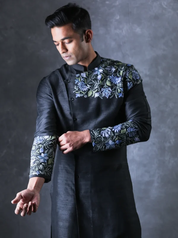 Black Raw Silk Kurta Pyjama with Kashmiri Aari Embroidery close up